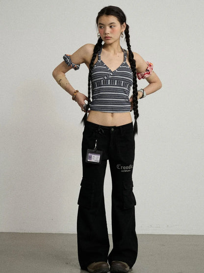 Gothic Pigeon Low Rise Flare Cargo Pants