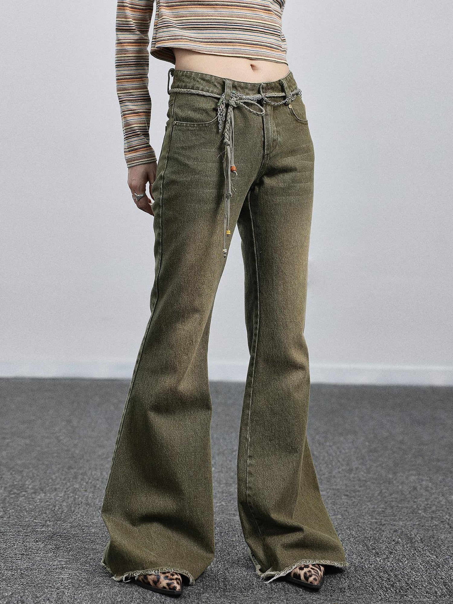 Achihara Green Denim Flare Pants For Summer &amp; Fall