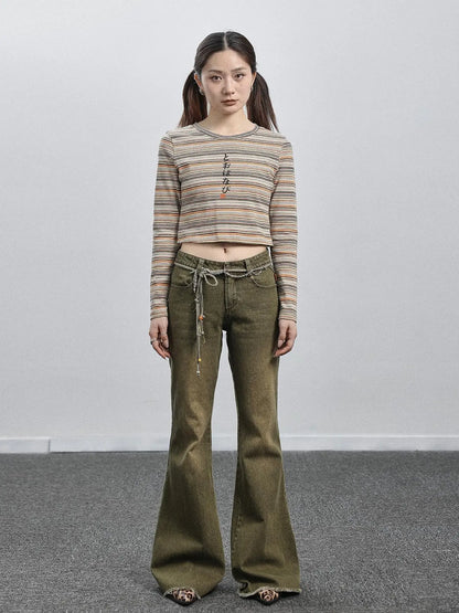 Green Denim Flare Pants For Summer &amp; Fall