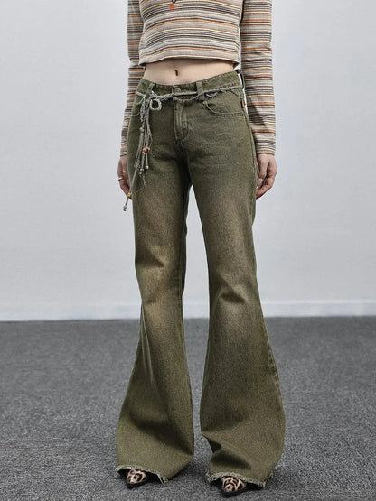 Green Denim Flare Pants For Summer &amp; Fall