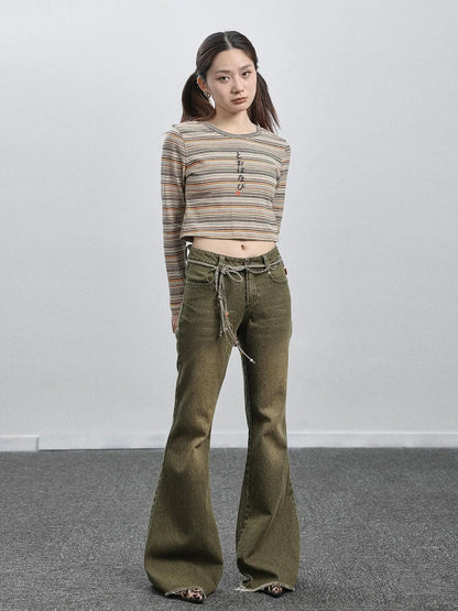 Green Denim Flare Pants For Summer &amp; Fall