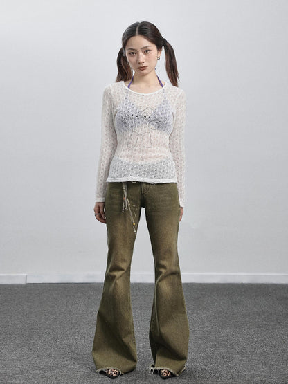 Achihara Green Denim Flare Pants For Summer &amp; Fall