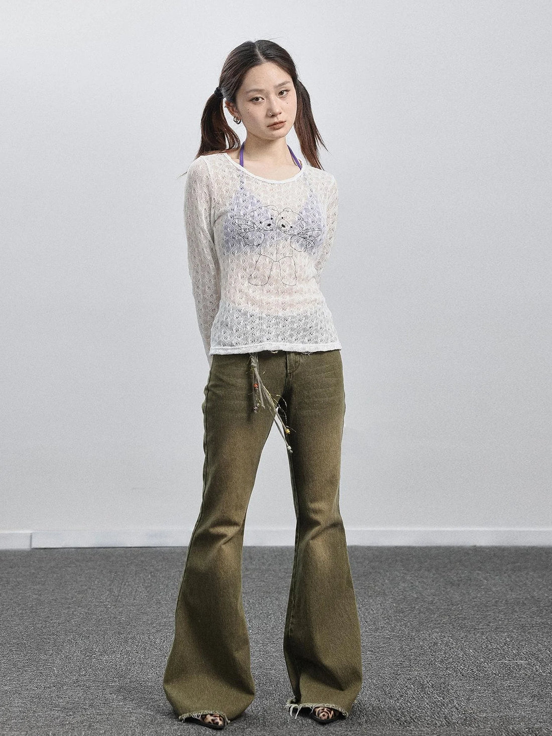 Green Denim Flare Pants For Summer & Fall