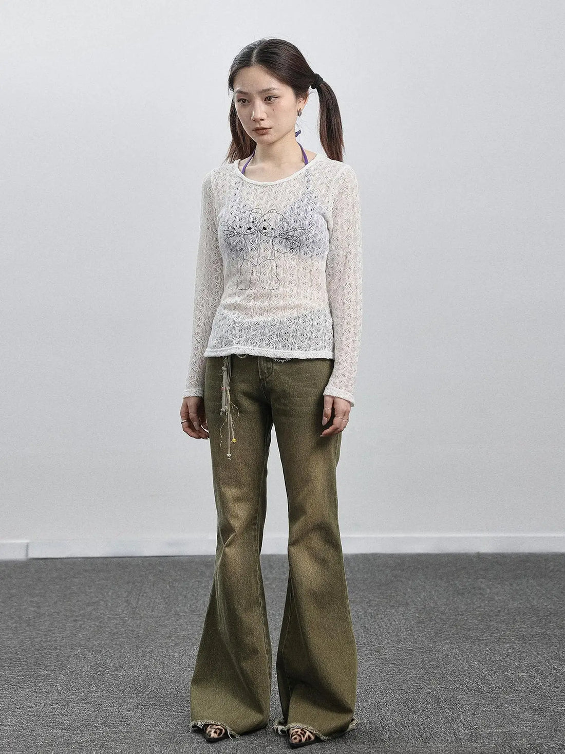 Green Denim Flare Pants For Summer & Fall