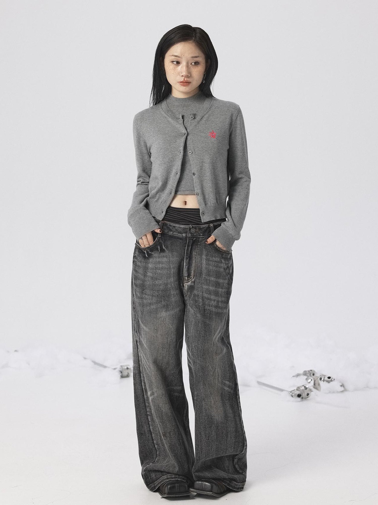 Achihara Grey Knit Vest &amp; Cardigan Set