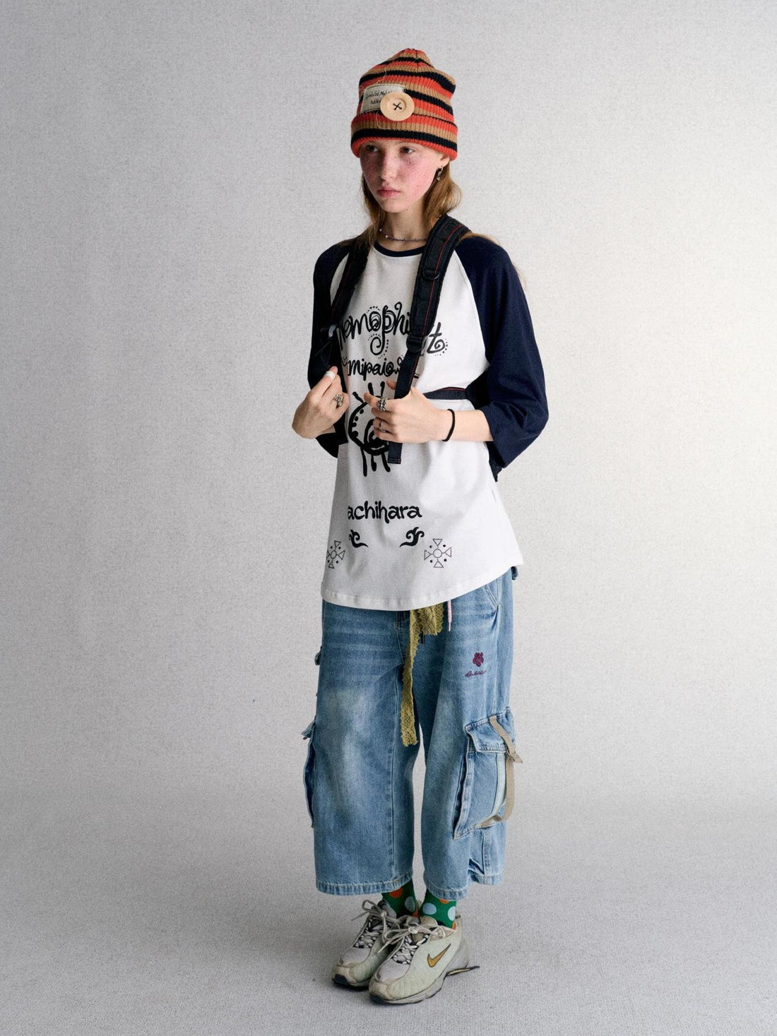 Achihara Hand Painted Print Color Block Seven Sleeve Cotton Women&