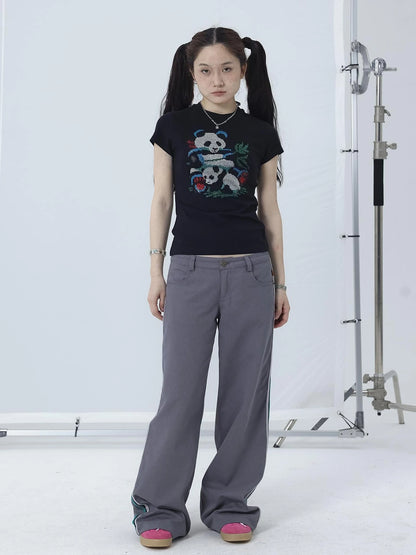Happy Panda Embroidered Crop Tee V-neck T-shirt Long-Sleeve