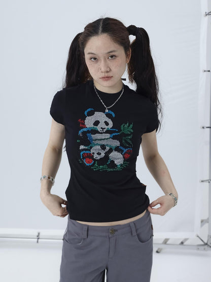 Achihara Happy Panda Embroidered Crop Tee V-neck T-shirt Long-Sleeve