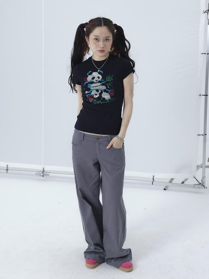 Achihara Happy Panda Embroidered Crop Tee V-neck T-shirt Long-Sleeve