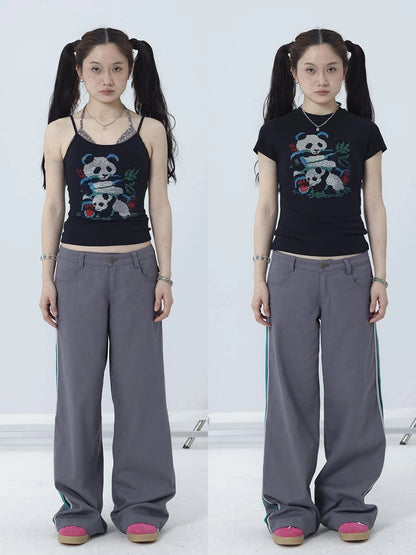 Happy Panda Embroidered Crop Tee V-neck T-shirt Long-Sleeve