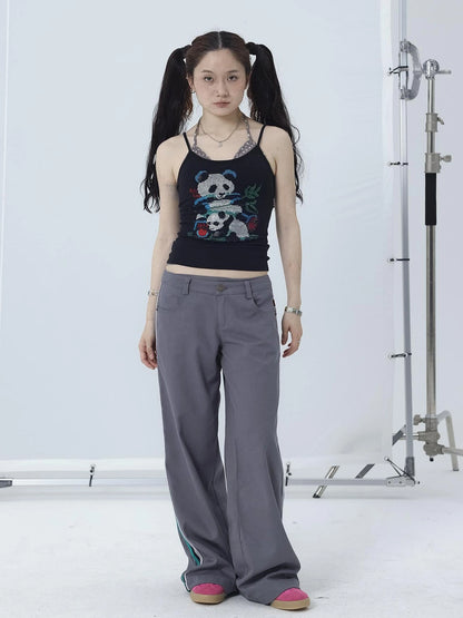 Happy Panda Embroidered Crop Tee V-neck T-shirt Long-Sleeve