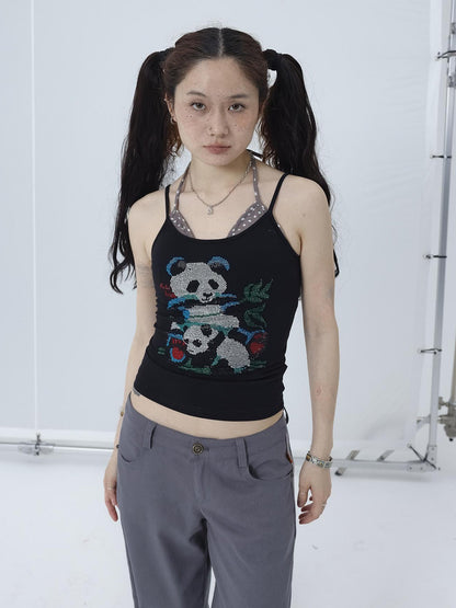 Achihara Happy Panda Embroidered Crop Tee V-neck T-shirt Long-Sleeve