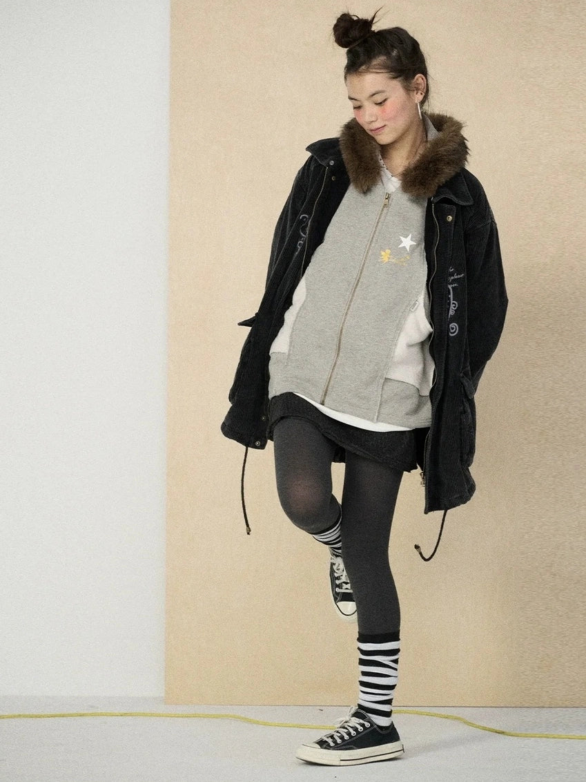 Achihara Hooded Long Sleeve Loose Fit Mid Length Solid Color Women Outerwear Jacket