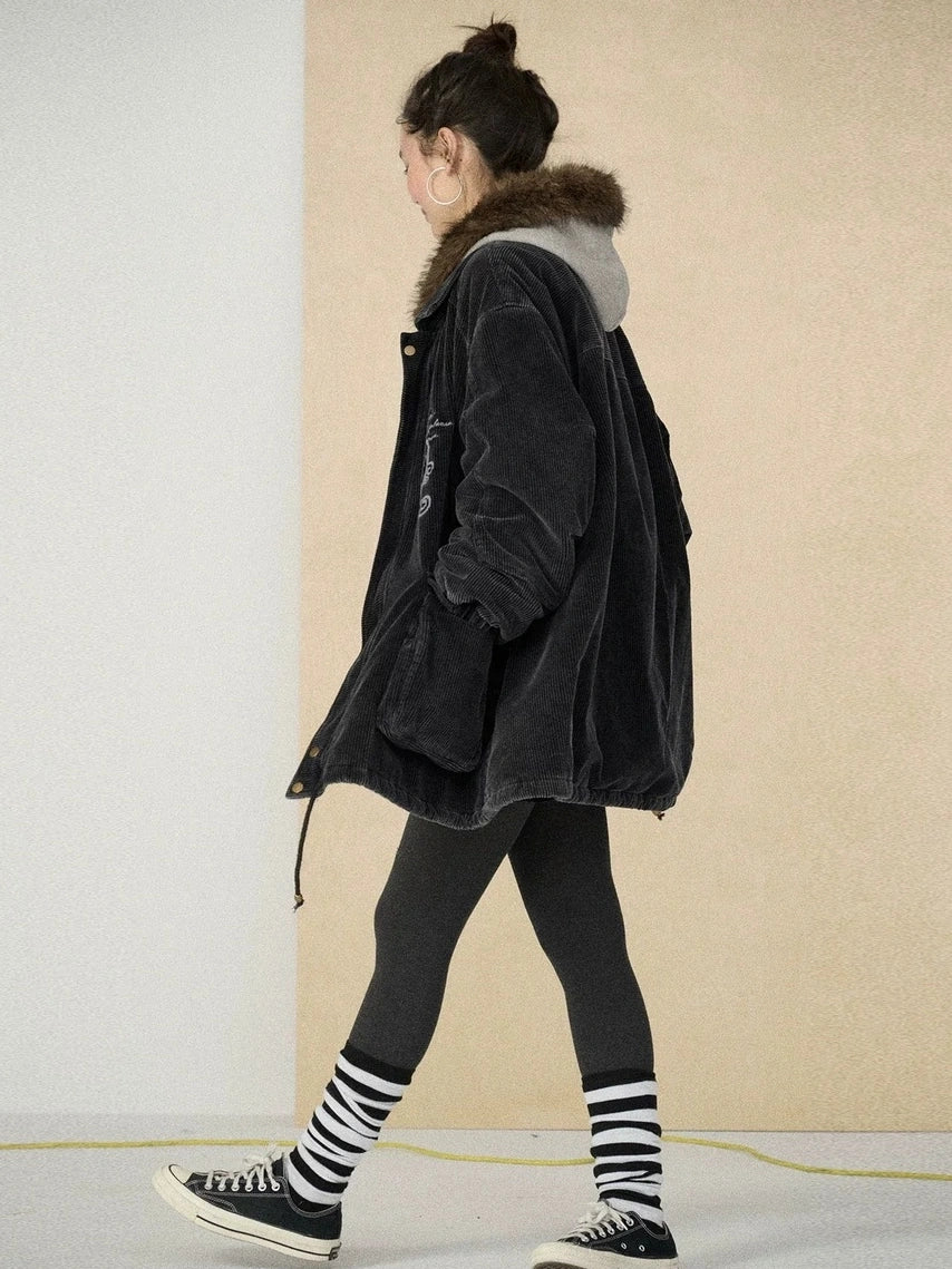 Achihara Hooded Long Sleeve Loose Fit Mid Length Solid Color Women Outerwear Jacket