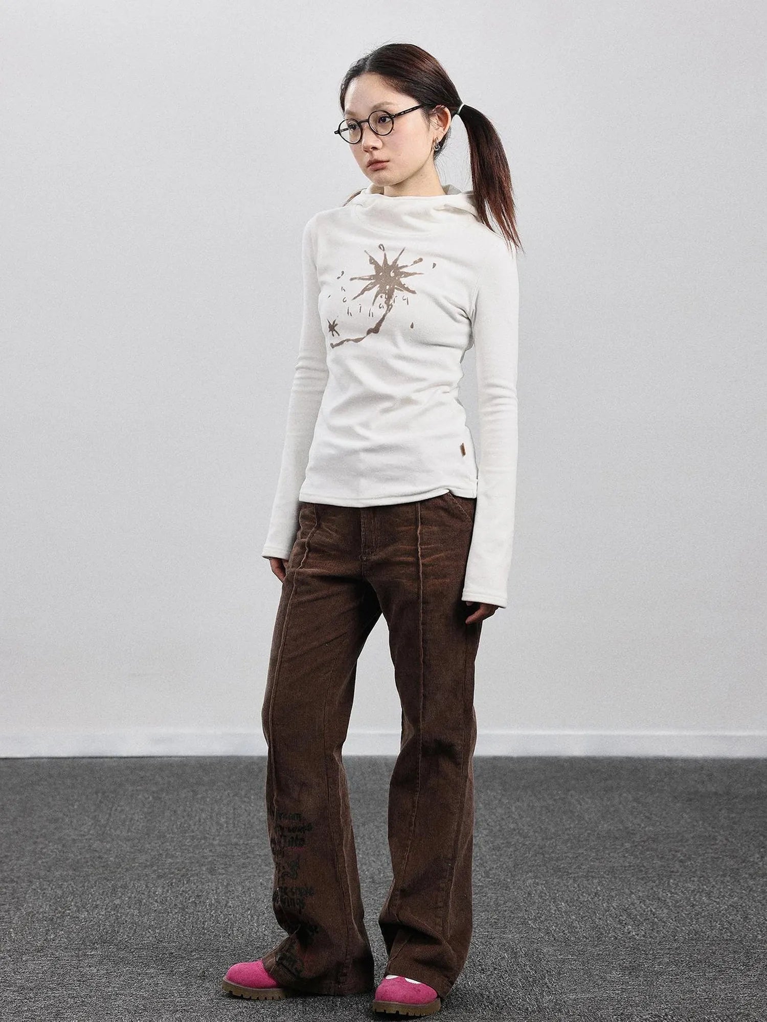 Hooded Star Print Thermal Long Sleeve T Shirt