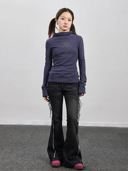 Hooded Star Print Thermal Long Sleeve T Shirt