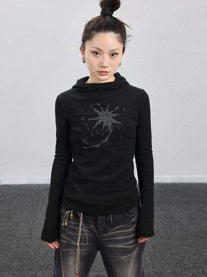 Achihara Hooded Star Print Thermal Long Sleeve T Shirt