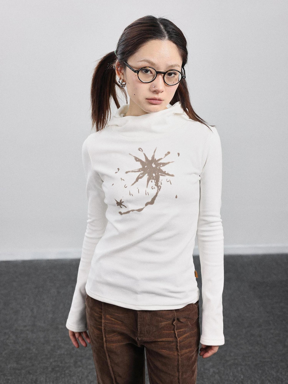 Achihara Hooded Star Print Thermal Long Sleeve T Shirt