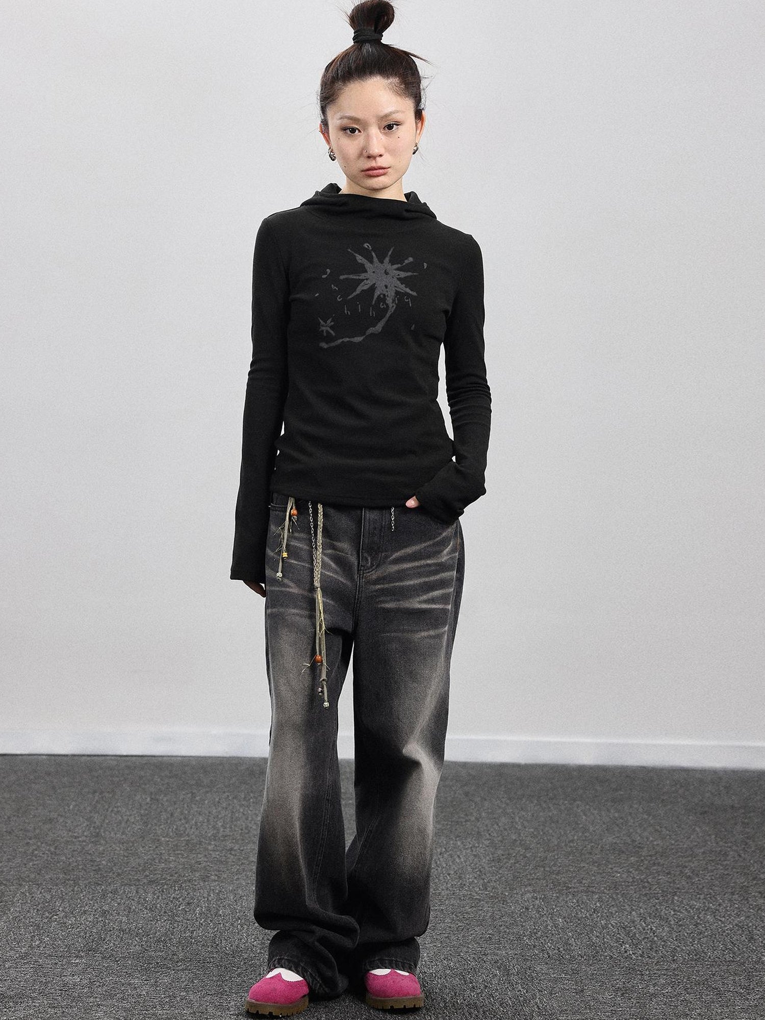 Achihara Hooded Star Print Thermal Long Sleeve T Shirt