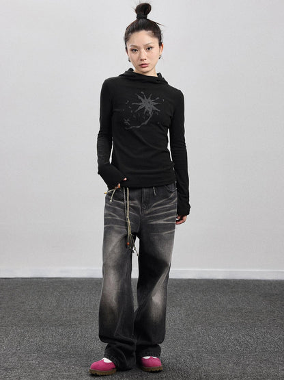 Achihara Hooded Star Print Thermal Long Sleeve T Shirt