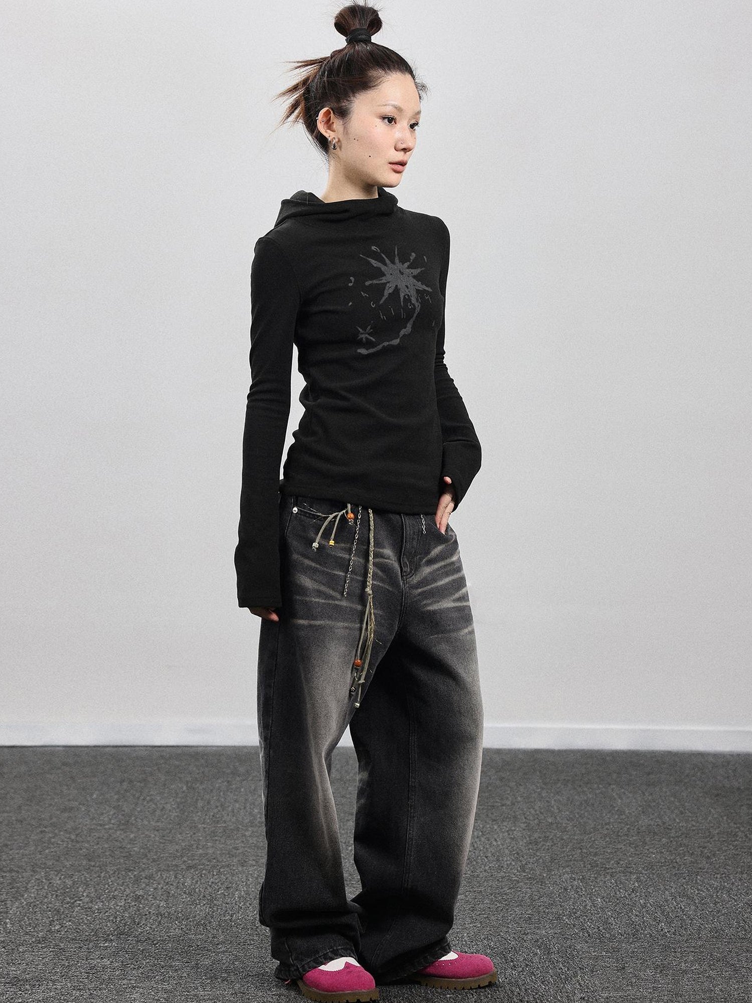 Achihara Hooded Star Print Thermal Long Sleeve T Shirt