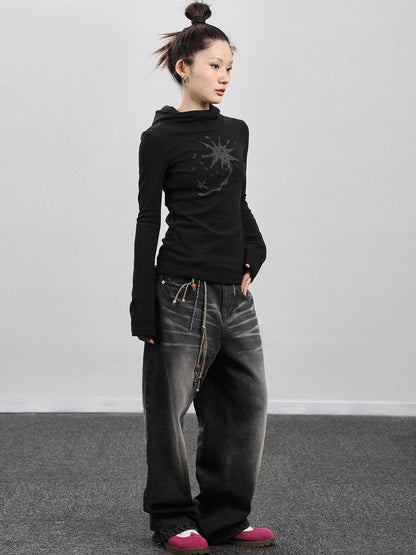 Achihara Hooded Star Print Thermal Long Sleeve T Shirt