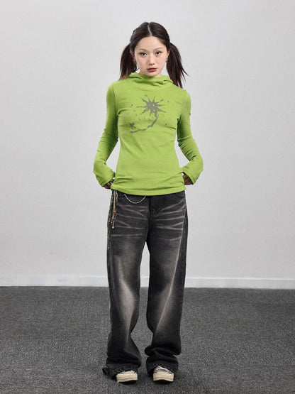 Hooded Star Print Thermal Long Sleeve T Shirt