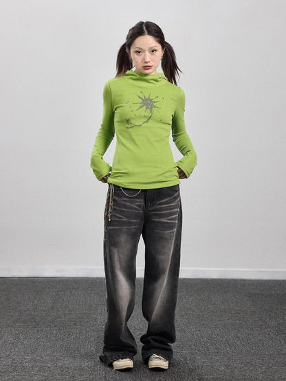 Achihara Hooded Star Print Thermal Long Sleeve T Shirt