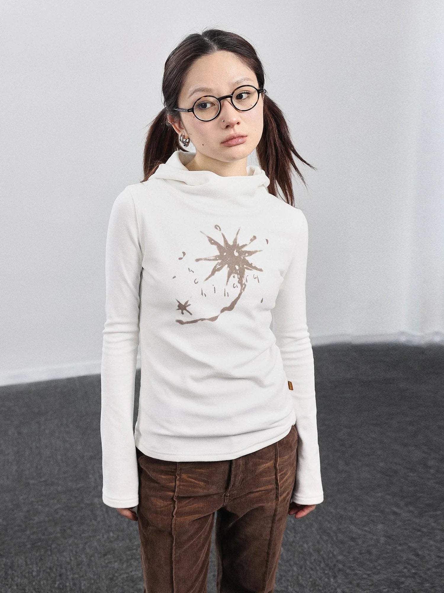 Hooded Star Print Thermal Long Sleeve T Shirt