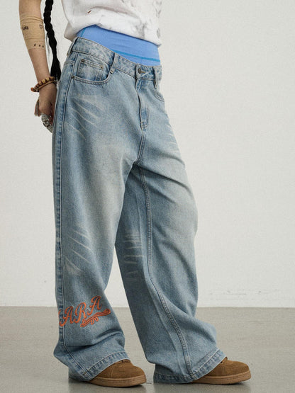 Achihara Iceland Summer Washed Denim Wide Leg Jeans