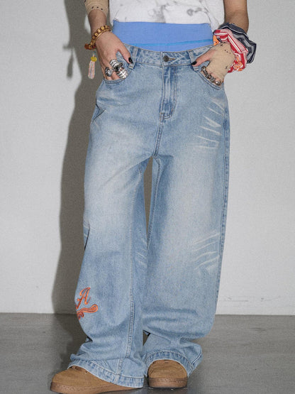 Achihara Iceland Summer Washed Denim Wide Leg Jeans