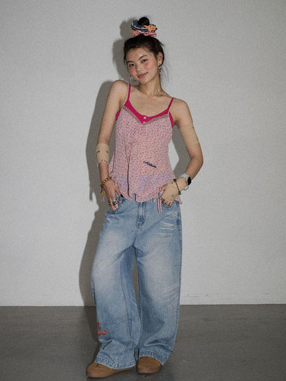 Achihara Iceland Summer Washed Denim Wide Leg Jeans