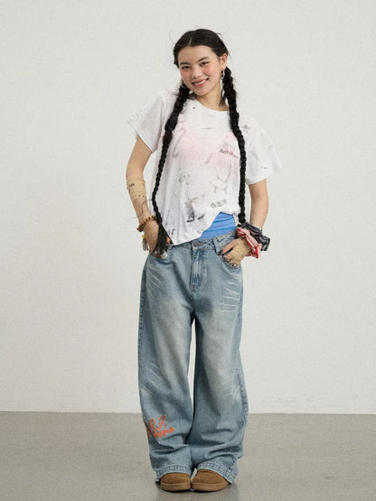 Iceland Summer Washed Denim Wide Leg Jeans