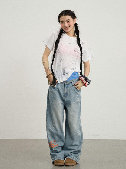Achihara Iceland Summer Washed Denim Wide Leg Jeans