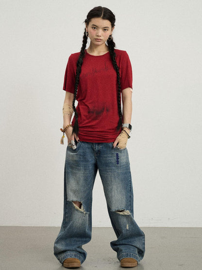 Achihara Jelly T Shirt 2025 Summer Slim Fit Women Top With Aurora Print