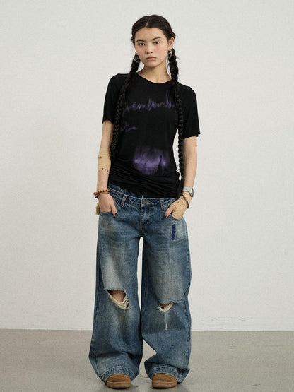 Achihara Jelly T Shirt 2025 Summer Slim Fit Women Top With Aurora Print