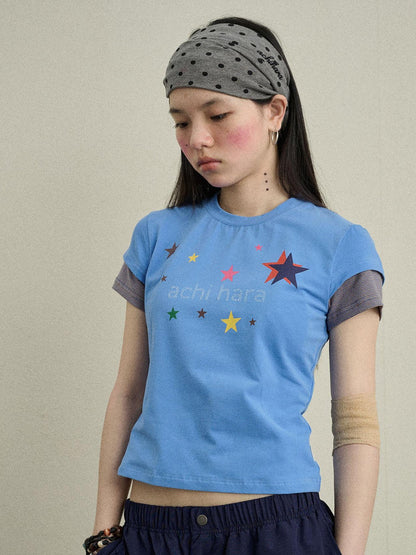 Achihara Jumping Sugar Starry Tee V Neck T Shirt Long Sleeve