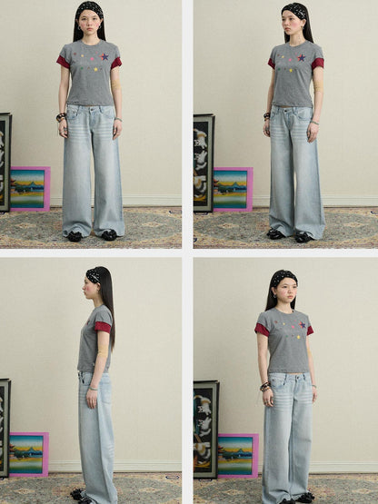 Achihara Jumping Sugar Starry Tee V Neck T Shirt Long Sleeve
