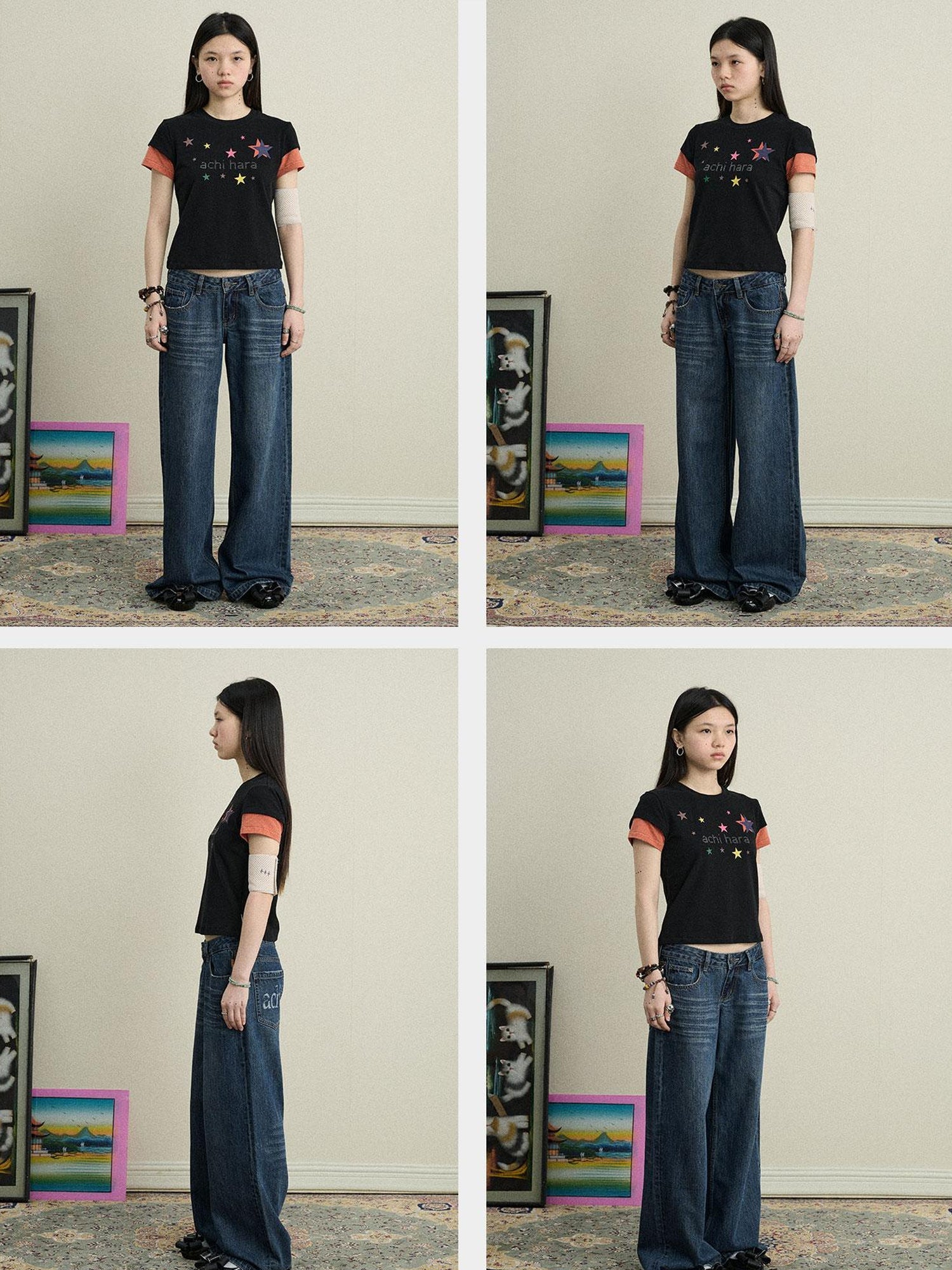 Achihara Jumping Sugar Starry Tee V Neck T Shirt Long Sleeve