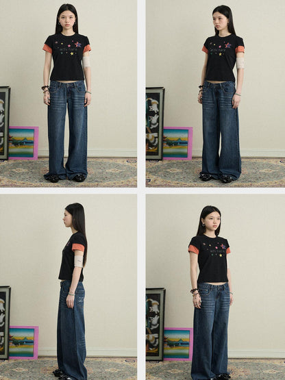 Achihara Jumping Sugar Starry Tee V Neck T Shirt Long Sleeve