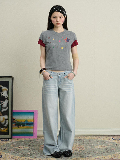 Achihara Jumping Sugar Starry Tee V Neck T Shirt Long Sleeve