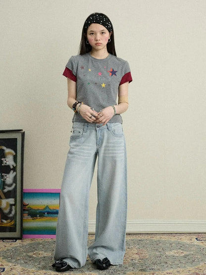 Jumping Sugar Starry Tee V Neck T Shirt Long Sleeve