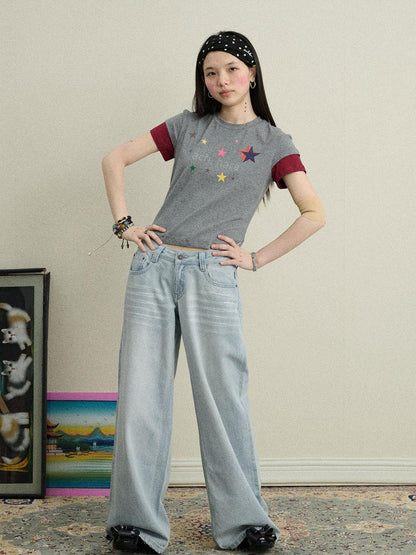 Achihara Jumping Sugar Starry Tee V Neck T Shirt Long Sleeve