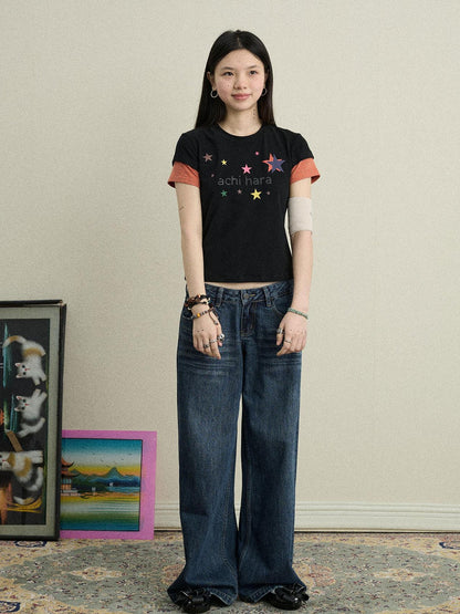 Achihara Jumping Sugar Starry Tee V Neck T Shirt Long Sleeve