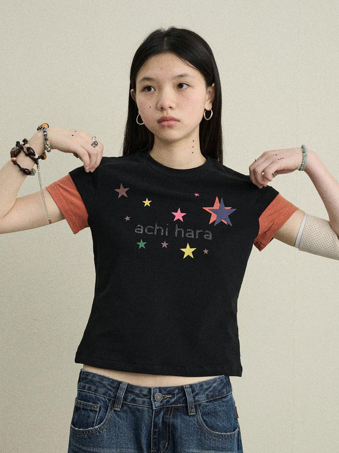 Achihara Jumping Sugar Starry Tee V Neck T Shirt Long Sleeve