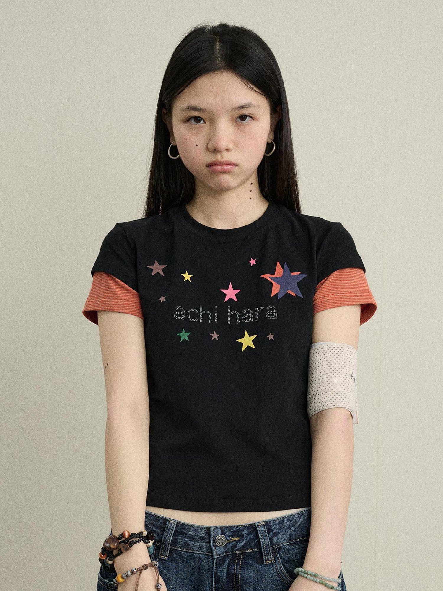 Achihara Jumping Sugar Starry Tee V Neck T Shirt Long Sleeve