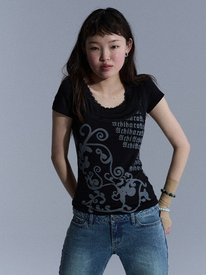 Achihara_Lace_Letter_Print_Round_Neck_Slim_Fit_Women&