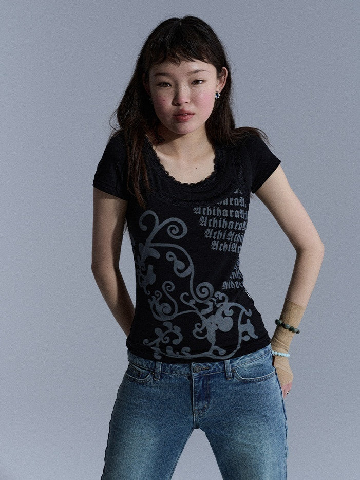 Achihara_Lace_Letter_Print_Round_Neck_Slim_Fit_Women&