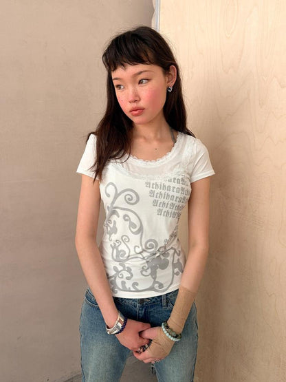 Achihara Lace Letter Print Round Neck Slim Fit Women&