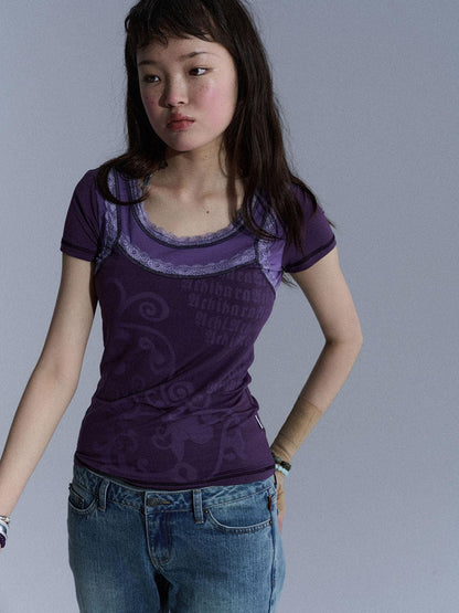Achihara Lace Letter Print Round Neck Slim Fit Women&